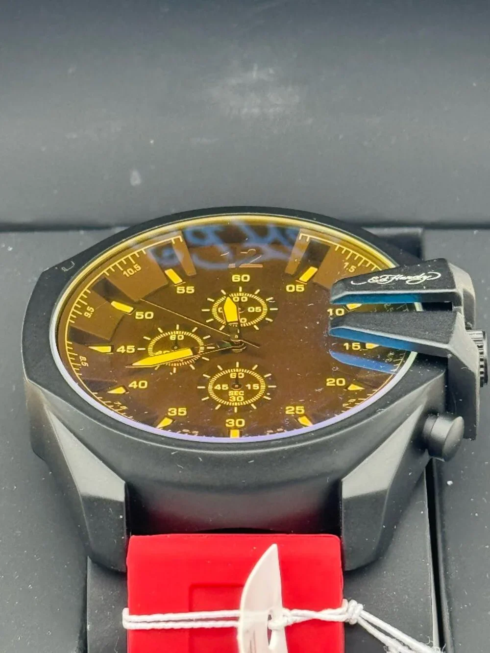 Ed Hardy Men's Red Silicone Strap Watch Blue Amber Glass Dial Quartz